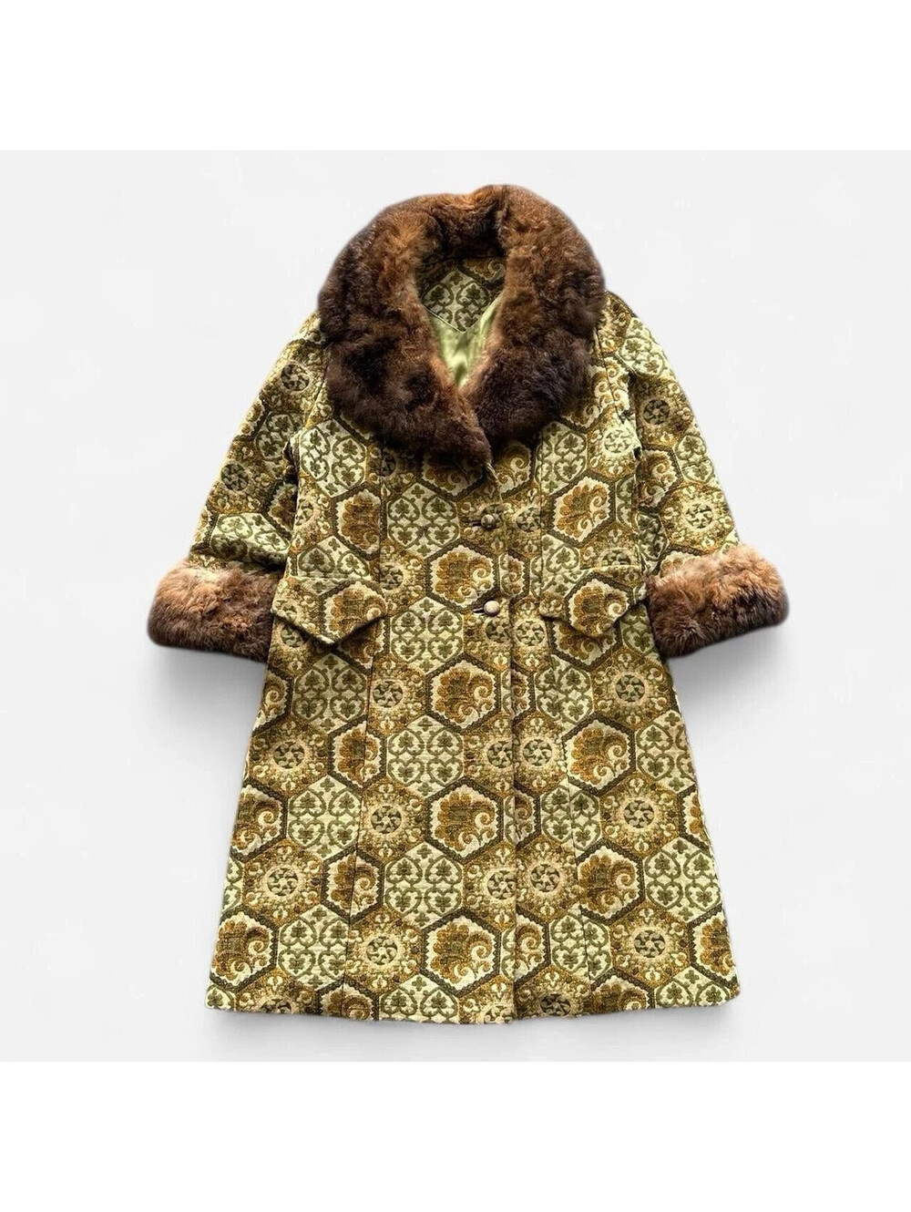 Vintage 60s Lane Bryant Penny Lane Tapestry Carpet Coat w Rabbit Fur Trim